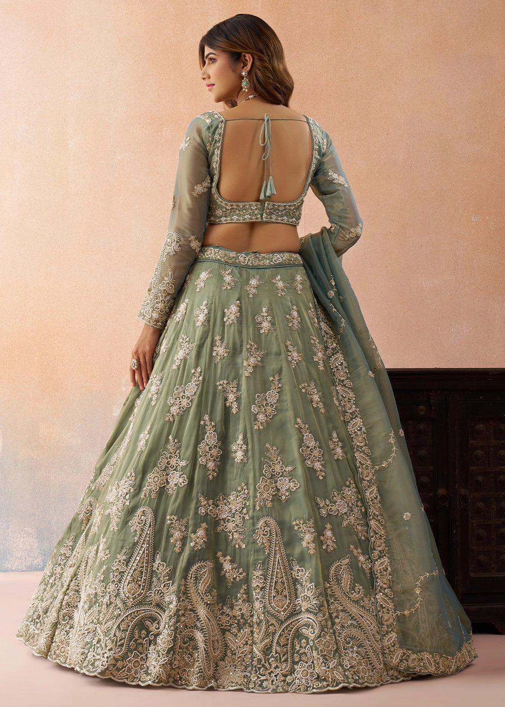 Sage Green Tissue Lehenga Choli with Beads & Sequins work