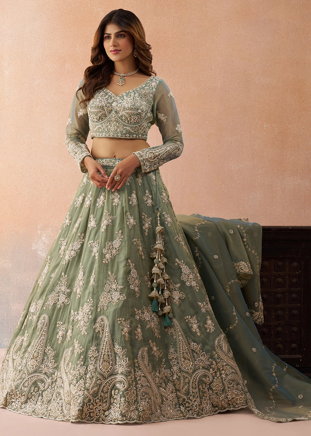 Sage Green Tissue Lehenga Choli with Beads & Sequins work