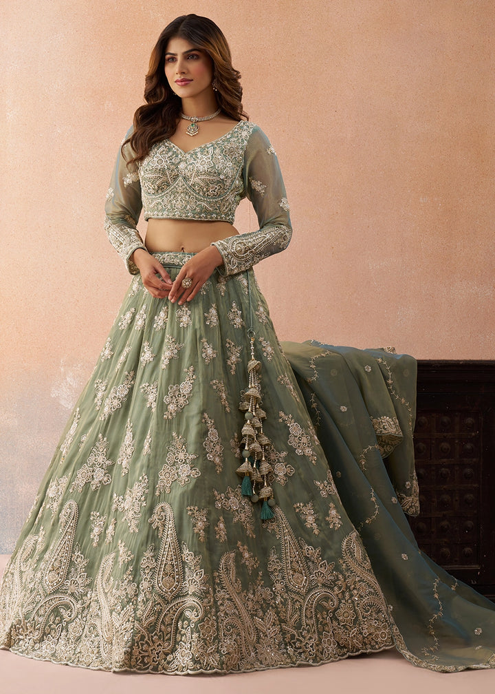 Sage Green Tissue Lehenga Choli with Beads & Sequins work