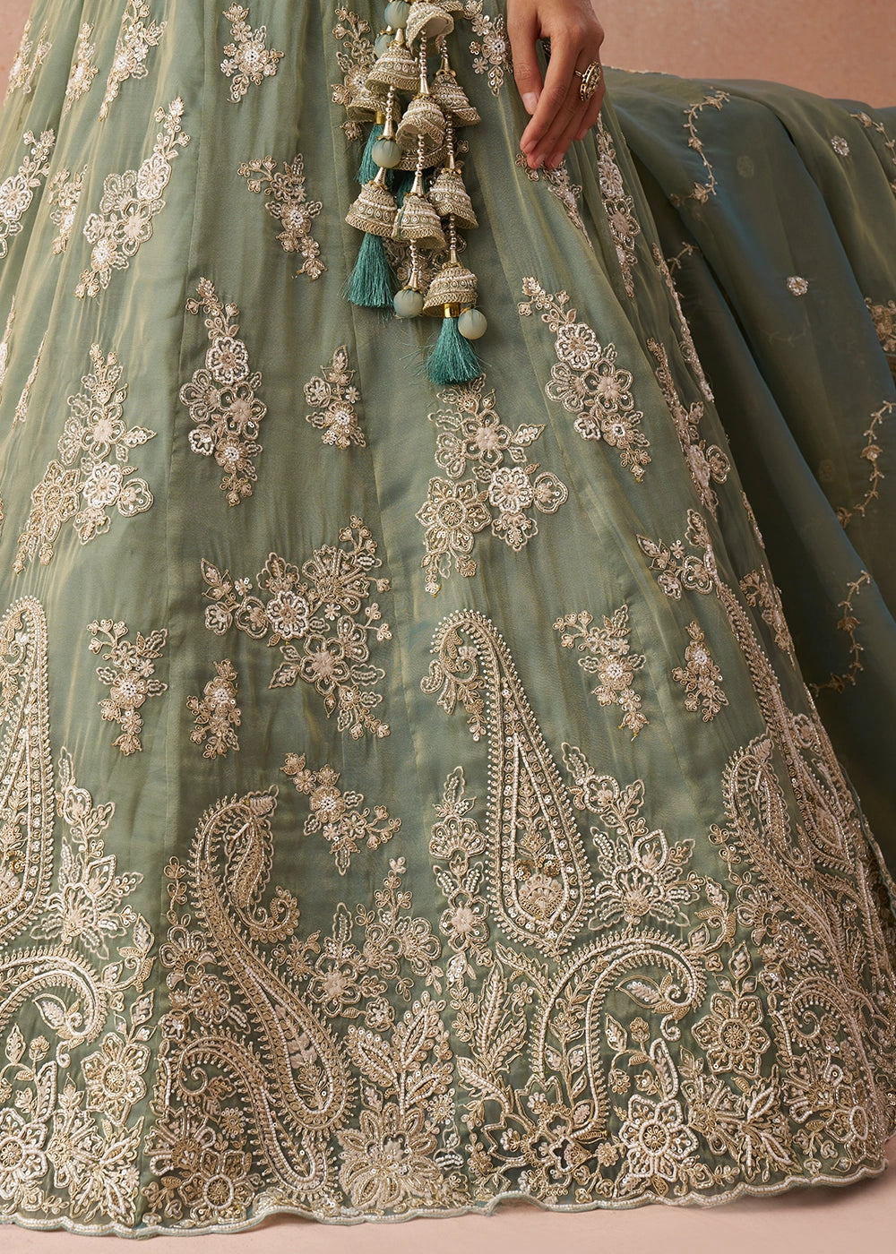 Sage Green Tissue Lehenga Choli with Beads & Sequins work