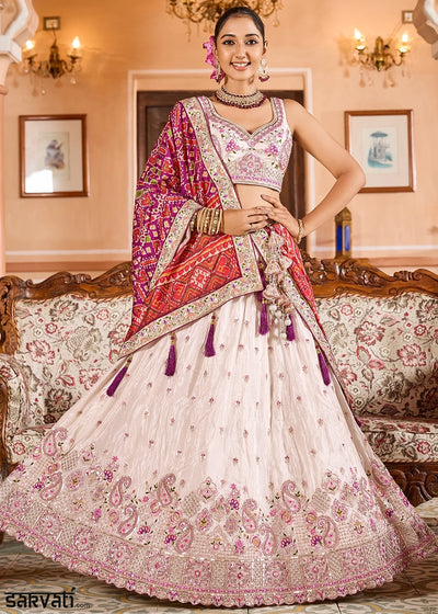 Cream White Embroidered Tissue Lehenga Choli with Sequins Work