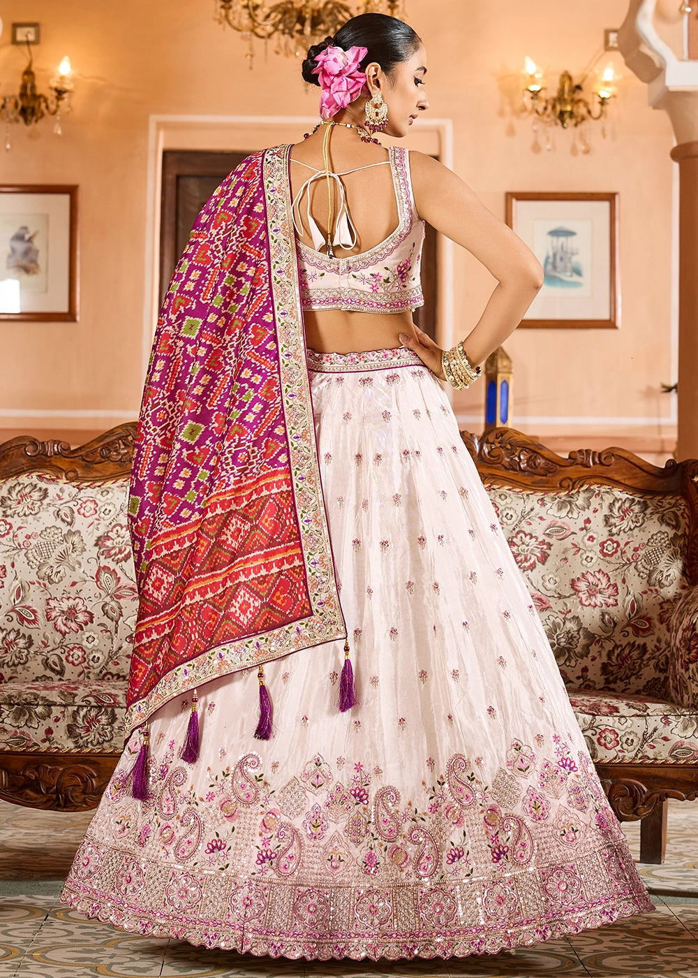 Cream White Embroidered Tissue Lehenga Choli with Sequins Work