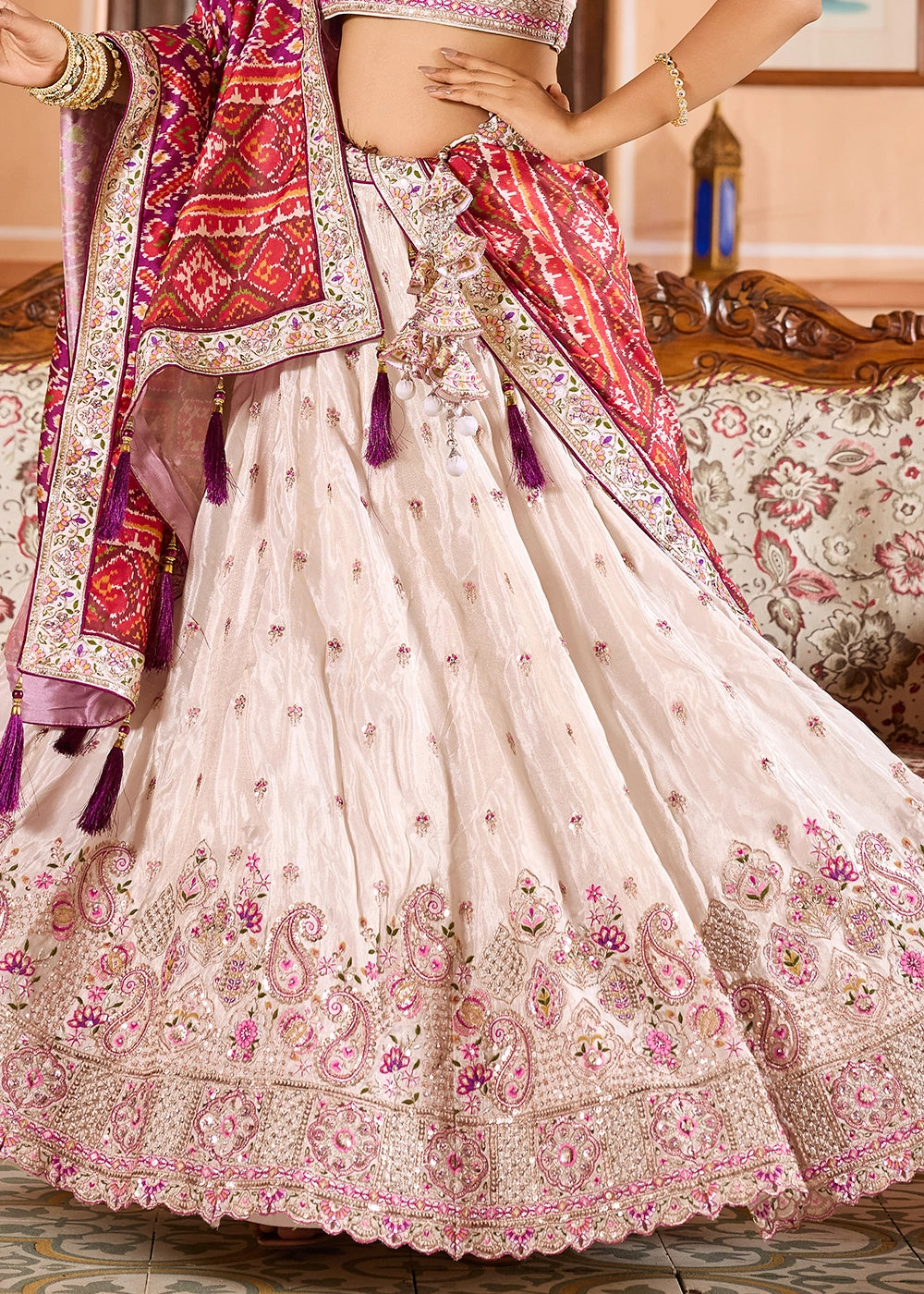 Cream White Embroidered Tissue Lehenga Choli with Sequins Work