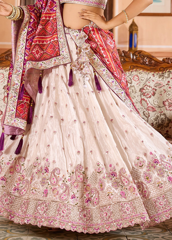 Cream White Embroidered Tissue Lehenga Choli with Sequins Work