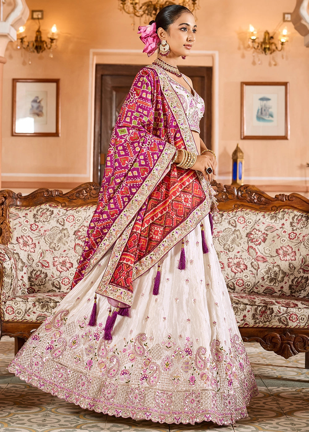 Cream White Embroidered Tissue Lehenga Choli with Sequins Work
