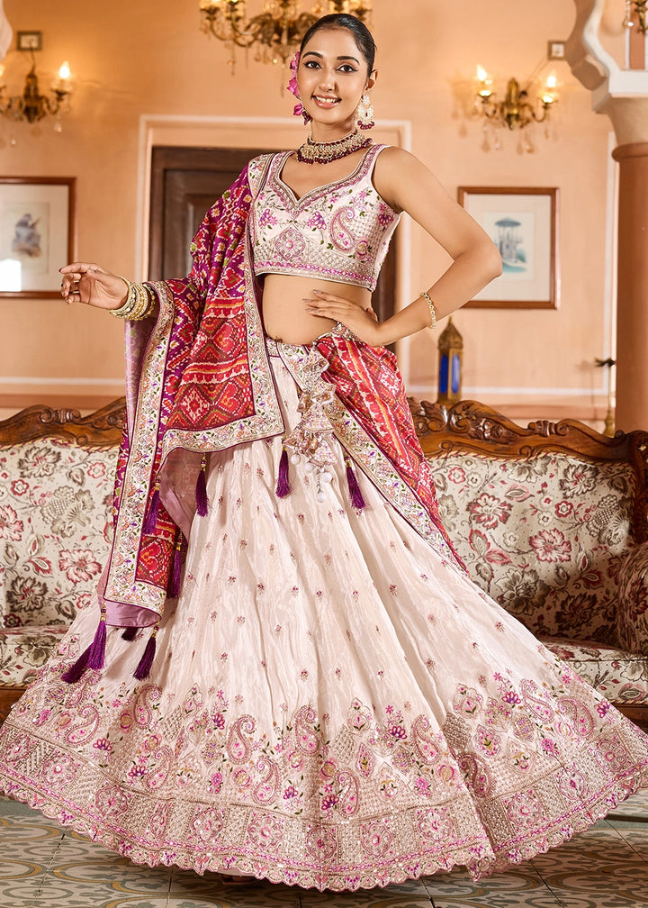 Cream White Embroidered Tissue Lehenga Choli with Sequins Work