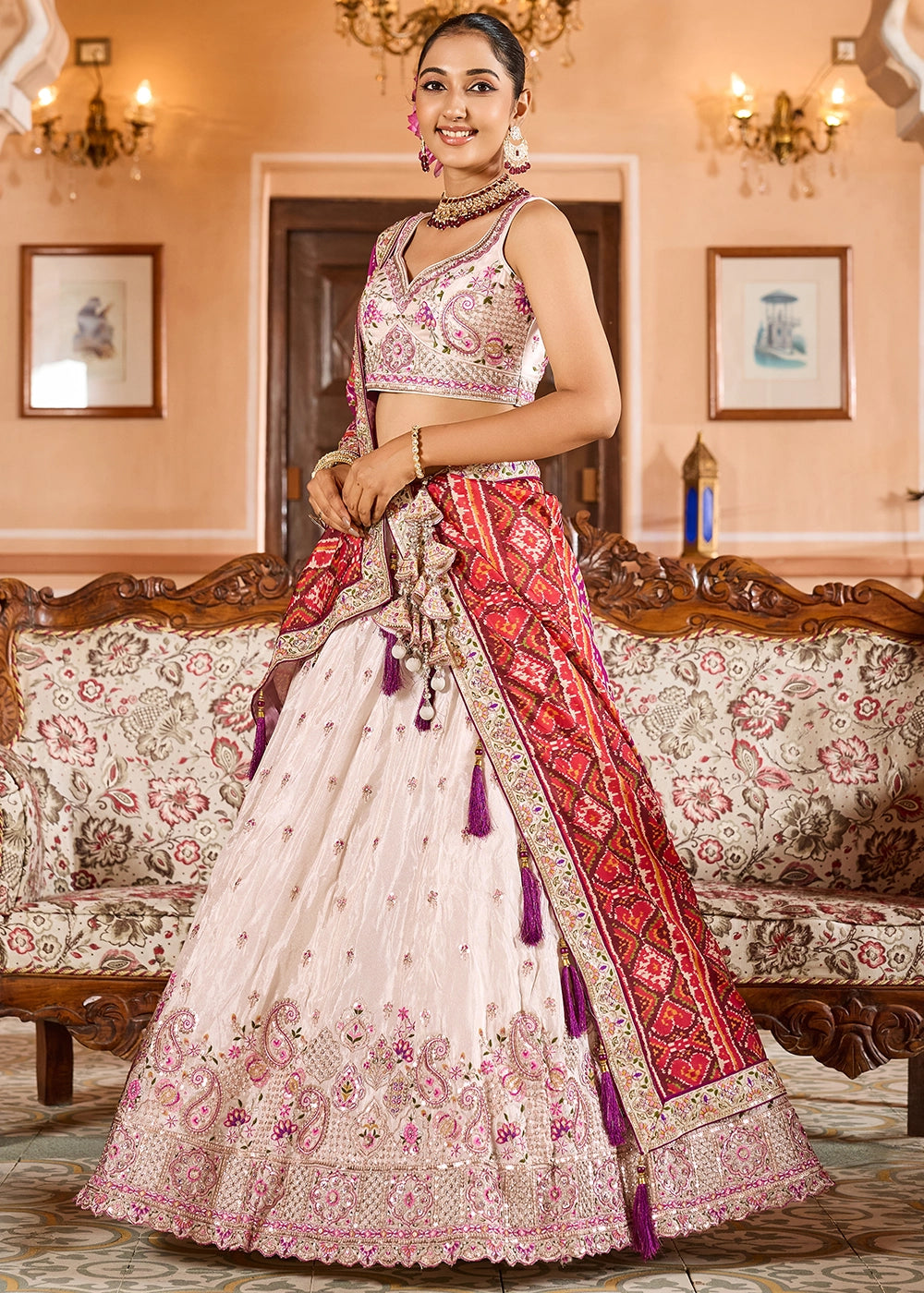 Cream White Embroidered Tissue Lehenga Choli with Sequins Work