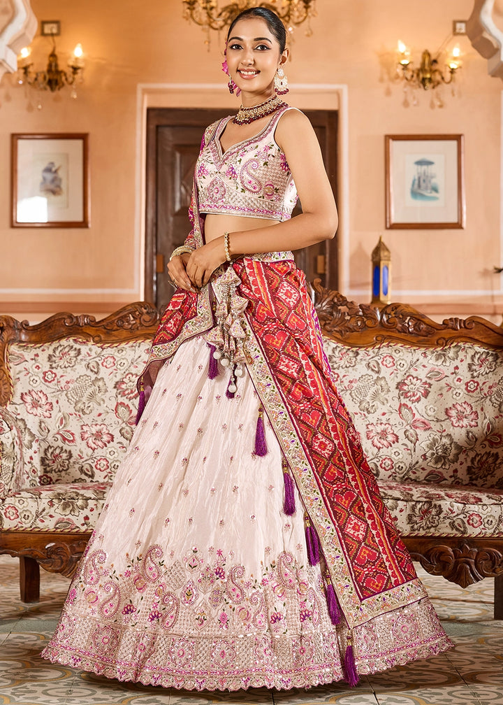 Cream White Embroidered Tissue Lehenga Choli with Sequins Work