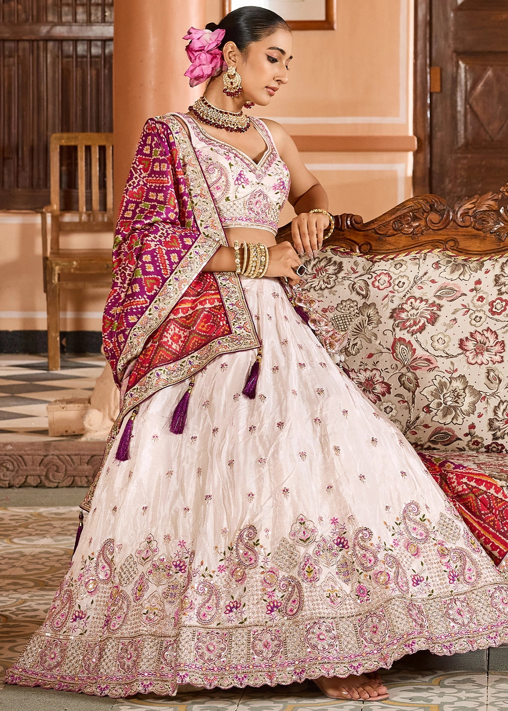 Cream White Embroidered Tissue Lehenga Choli with Sequins Work