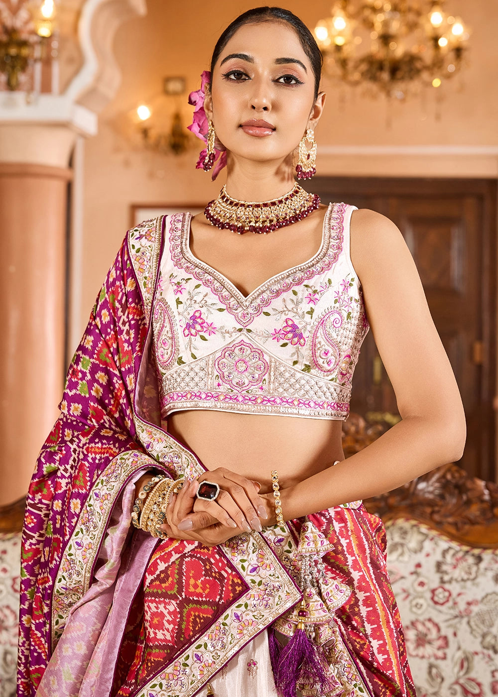 Cream White Embroidered Tissue Lehenga Choli with Sequins Work