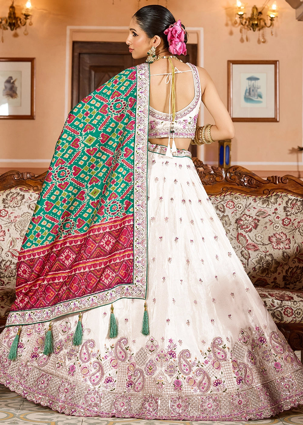 Pearl White Embroidered Tissue Lehenga Choli with Sequins Work