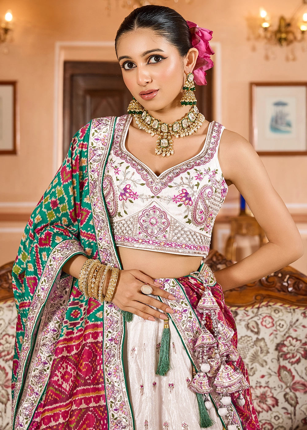 Pearl White Embroidered Tissue Lehenga Choli with Sequins Work