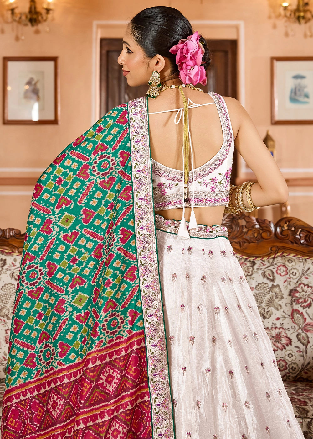 Pearl White Embroidered Tissue Lehenga Choli with Sequins Work
