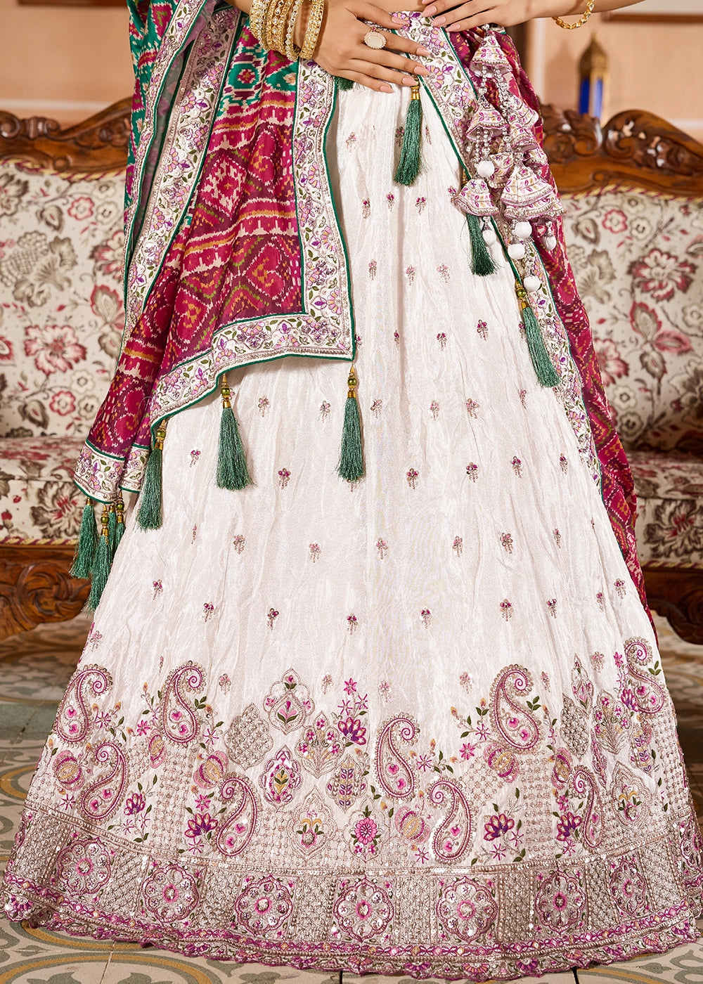 Pearl White Embroidered Tissue Lehenga Choli with Sequins Work