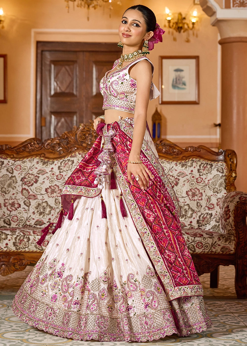 Ivory White Embroidered Tissue Lehenga Choli with Sequins Work