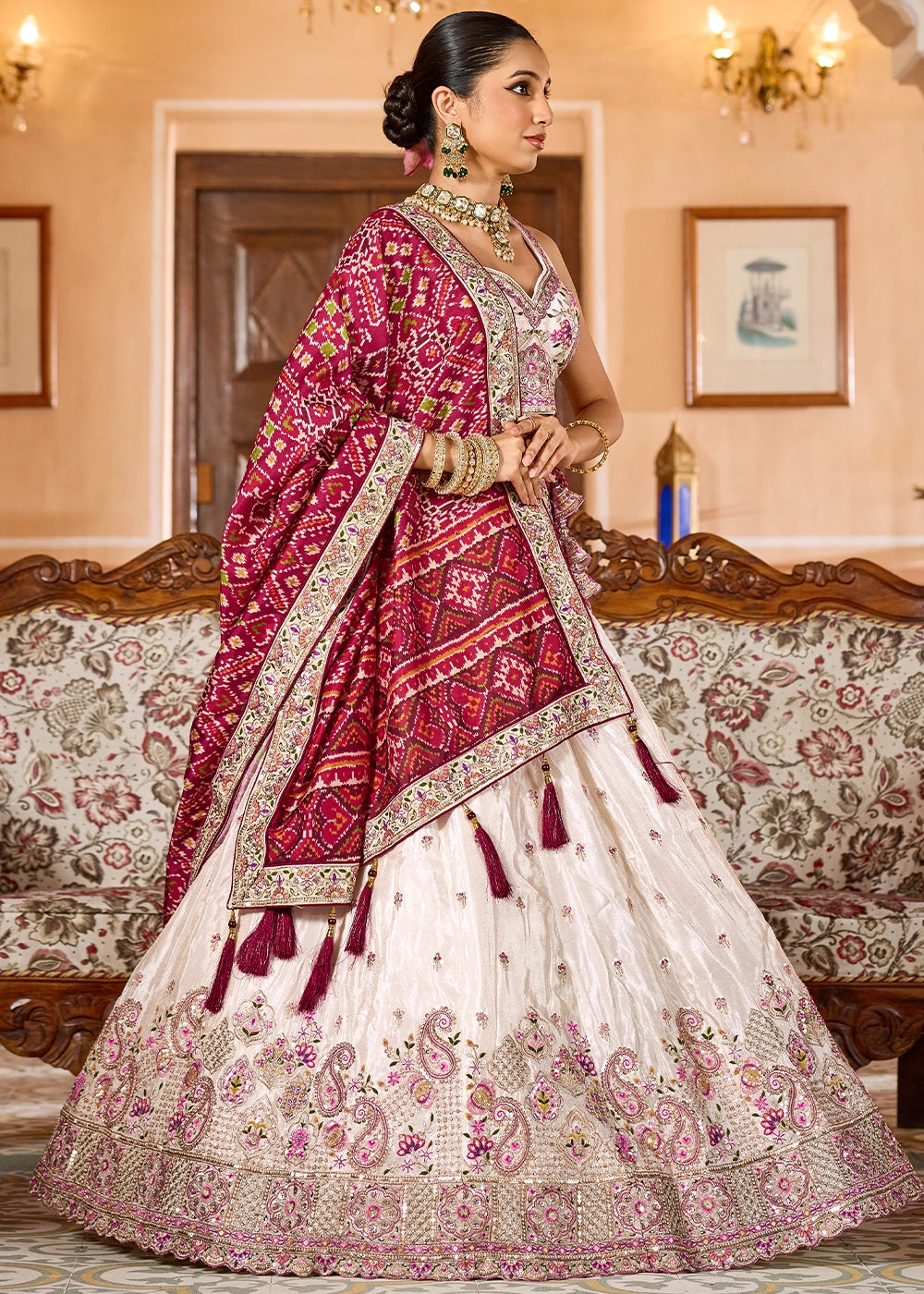 Ivory White Embroidered Tissue Lehenga Choli with Sequins Work