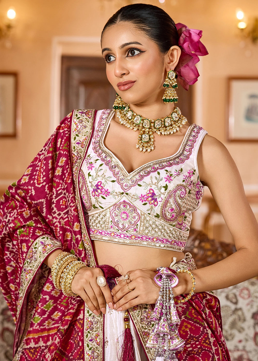 Ivory White Embroidered Tissue Lehenga Choli with Sequins Work