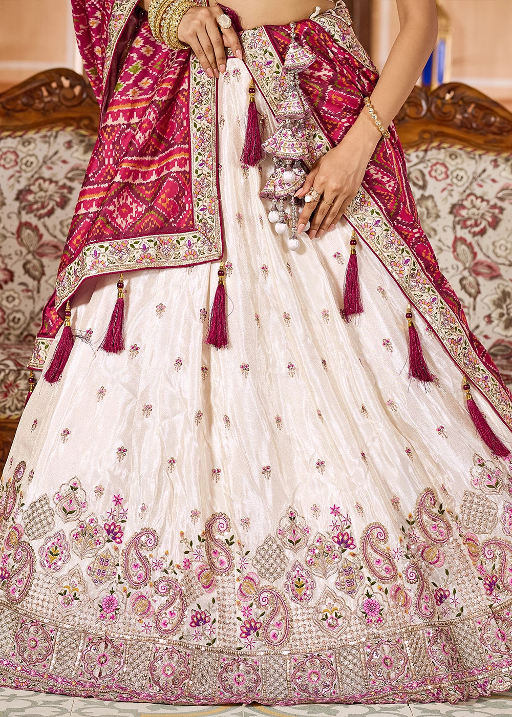 Ivory White Embroidered Tissue Lehenga Choli with Sequins Work