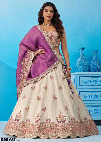 Cream White Tissue Lehenga Choli with Sequins work & Jacquard Dupatta