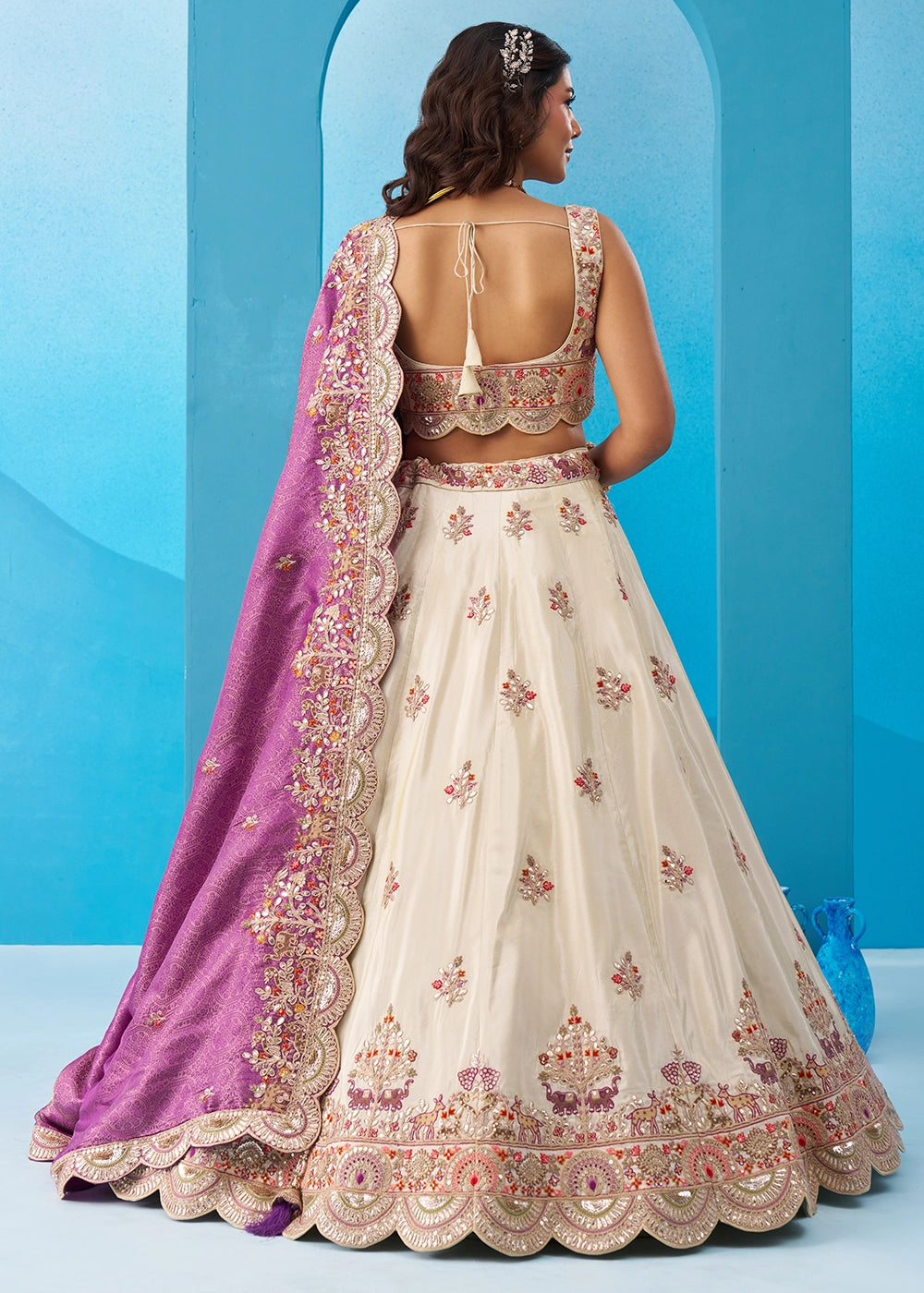 Cream White Tissue Lehenga Choli with Sequins work & Jacquard Dupatta