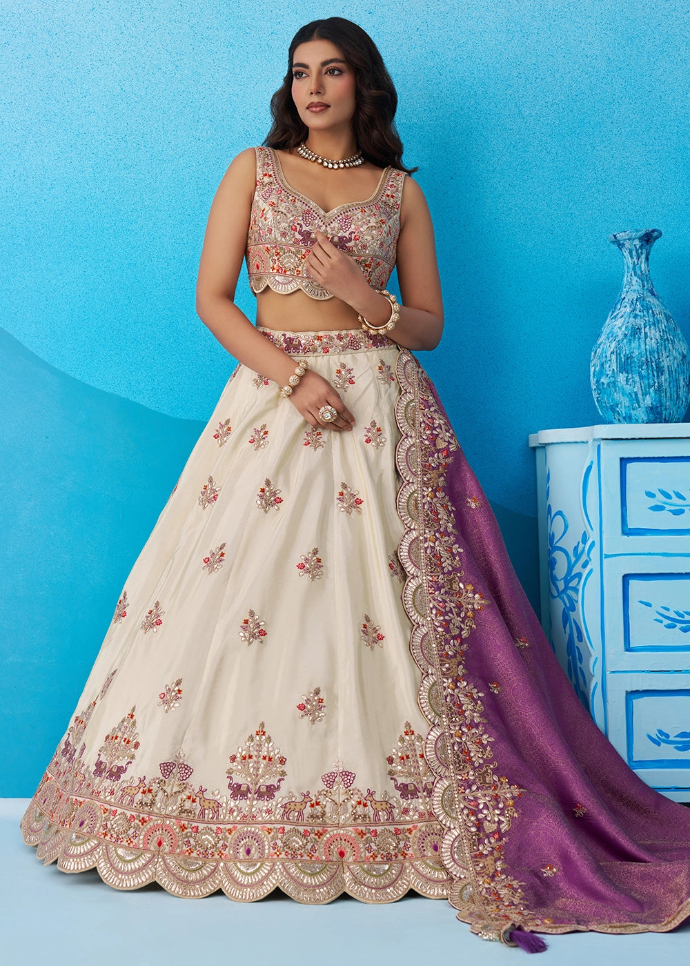 Cream White Tissue Lehenga Choli with Sequins work & Jacquard Dupatta