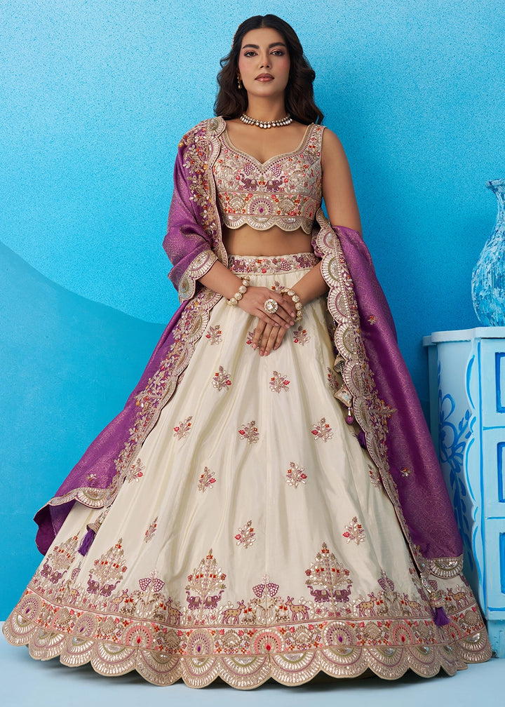 Cream White Tissue Lehenga Choli with Sequins work & Jacquard Dupatta