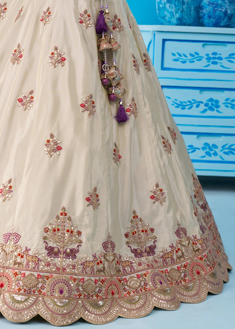 Cream White Tissue Lehenga Choli with Sequins work & Jacquard Dupatta