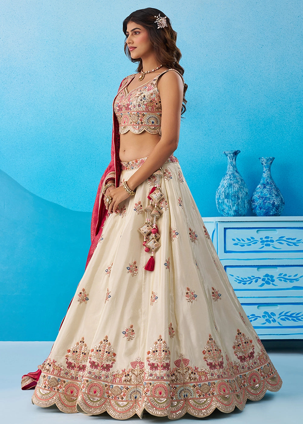 Cream White Tissue Lehenga Choli with Sequins work & Jacquard Dupatta