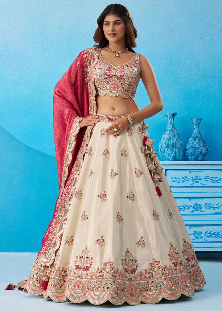 Cream White Tissue Lehenga Choli with Sequins work & Jacquard Dupatta
