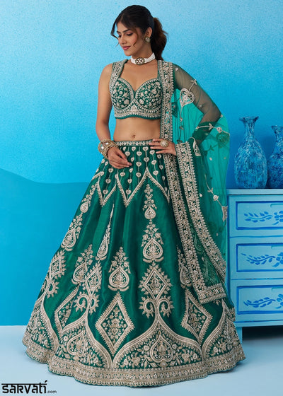 Rama Green Silk Lehenga Choli with Beads & Sequins work