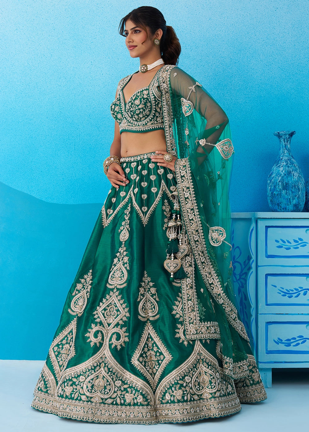 Rama Green Silk Lehenga Choli with Beads & Sequins work