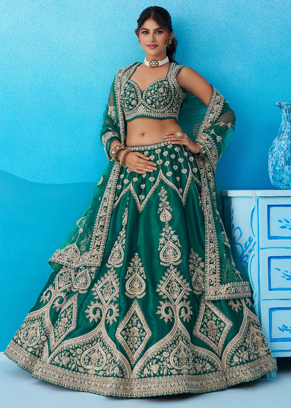 Rama Green Silk Lehenga Choli with Beads & Sequins work