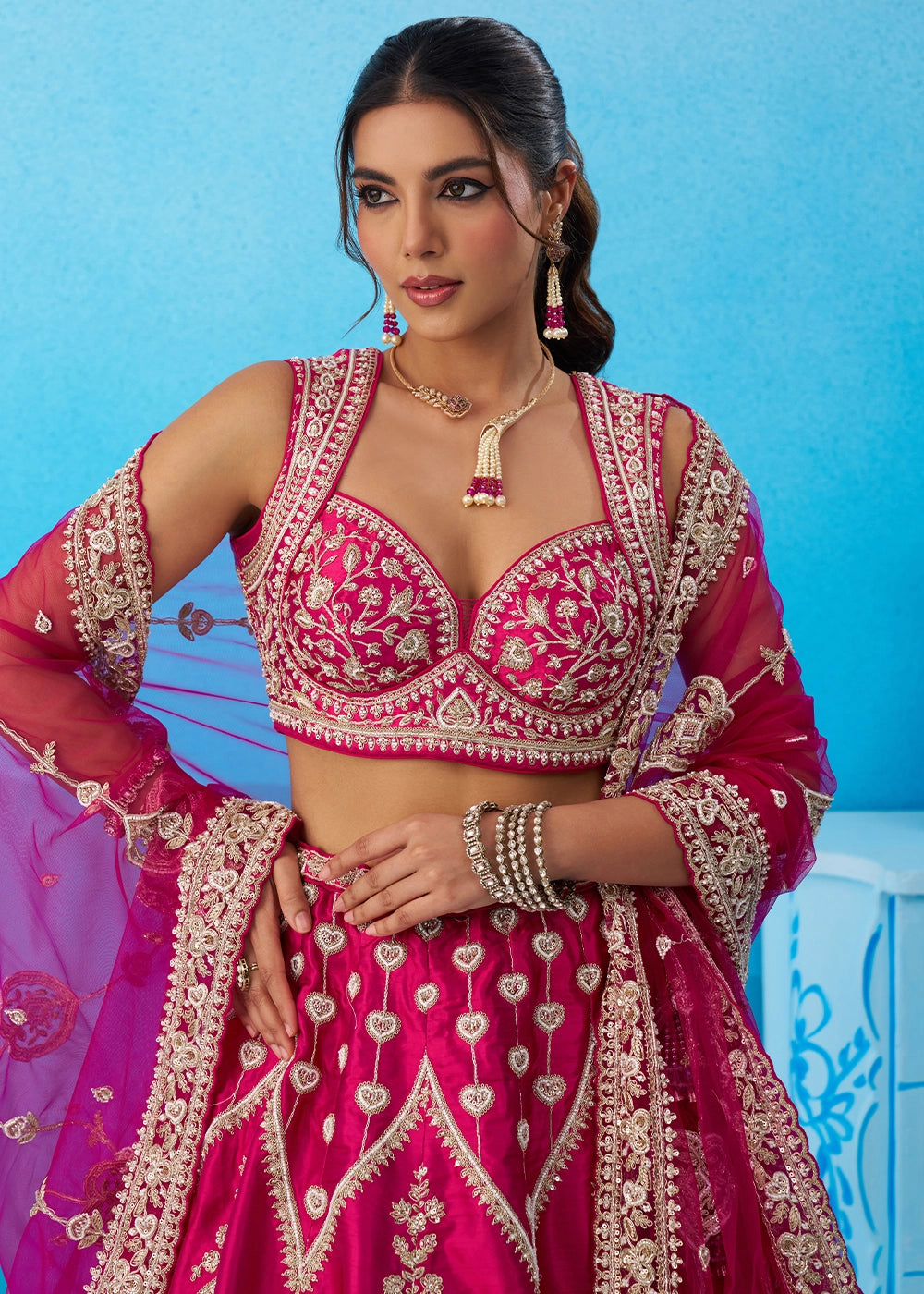Magenta Pink Silk Lehenga Choli with Beads & Sequins work