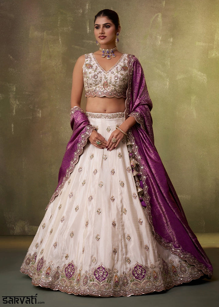 Beige Tissue Embroidered Lehenga Set with Moti, Sequin Work and Purple Dupatta