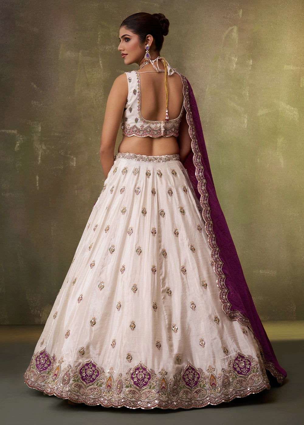 Beige Tissue Embroidered Lehenga Set with Moti, Sequin Work and Purple Dupatta