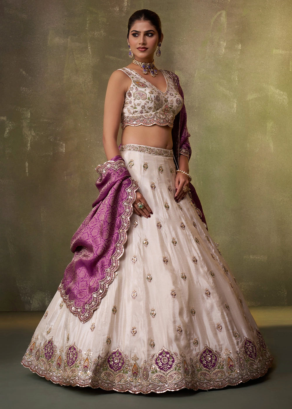 Beige Tissue Embroidered Lehenga Set with Moti, Sequin Work and Purple Dupatta
