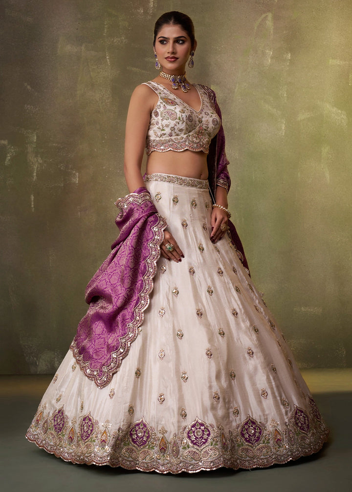 Beige Tissue Embroidered Lehenga Set with Moti, Sequin Work and Purple Dupatta