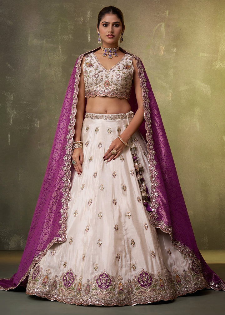 Beige Tissue Embroidered Lehenga Set with Moti, Sequin Work and Purple Dupatta