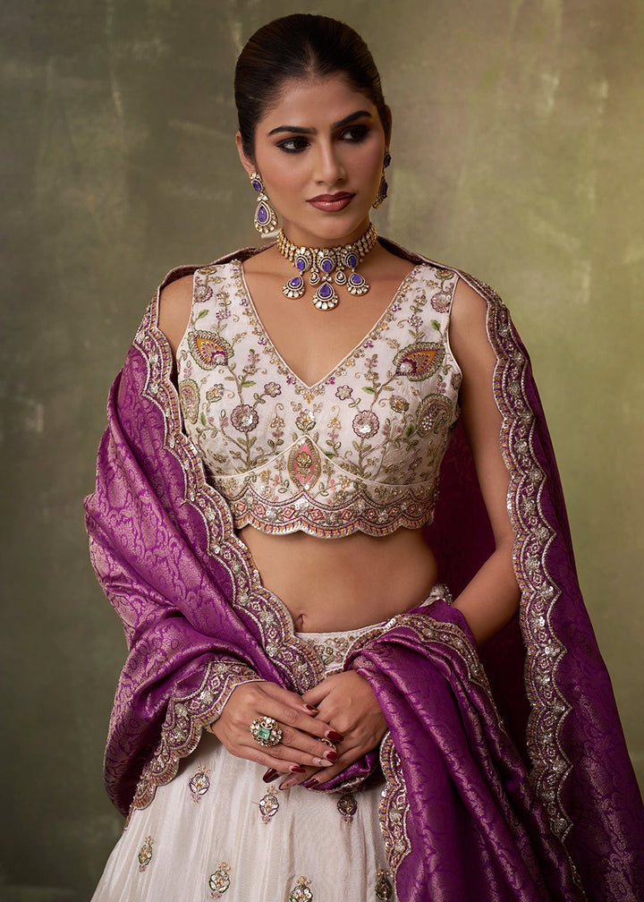 Beige Tissue Embroidered Lehenga Set with Moti, Sequin Work and Purple Dupatta