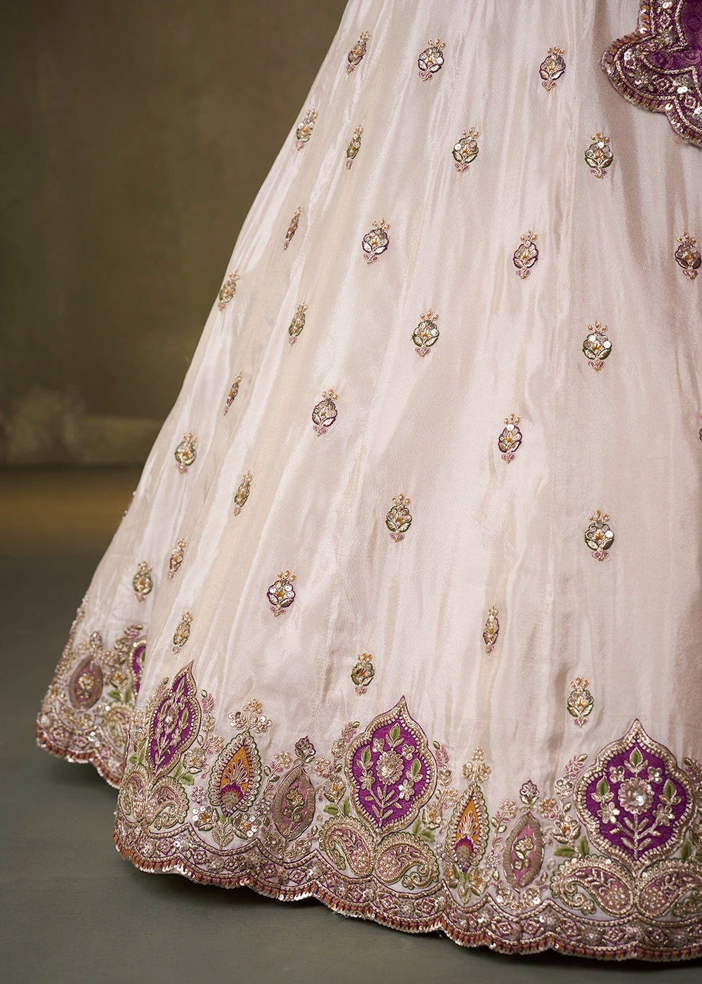 Beige Tissue Embroidered Lehenga Set with Moti, Sequin Work and Purple Dupatta