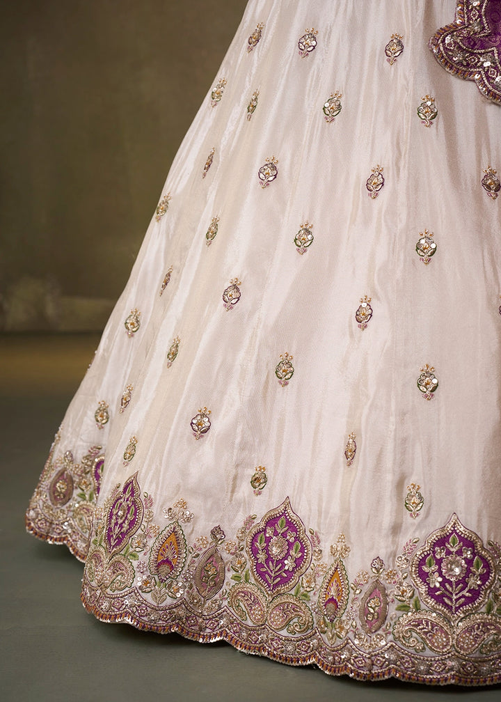Beige Tissue Embroidered Lehenga Set with Moti, Sequin Work and Purple Dupatta
