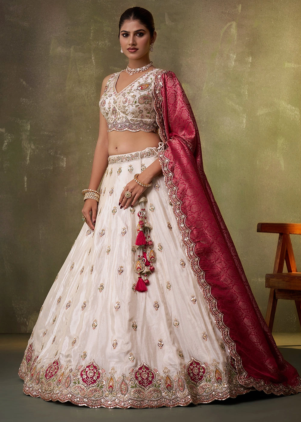 Beige Tissue Embroidered Lehenga Set with Moti, Sequin Work and Pink Dupatta
