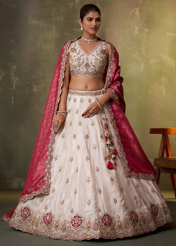 Beige Tissue Embroidered Lehenga Set with Moti, Sequin Work and Pink Dupatta