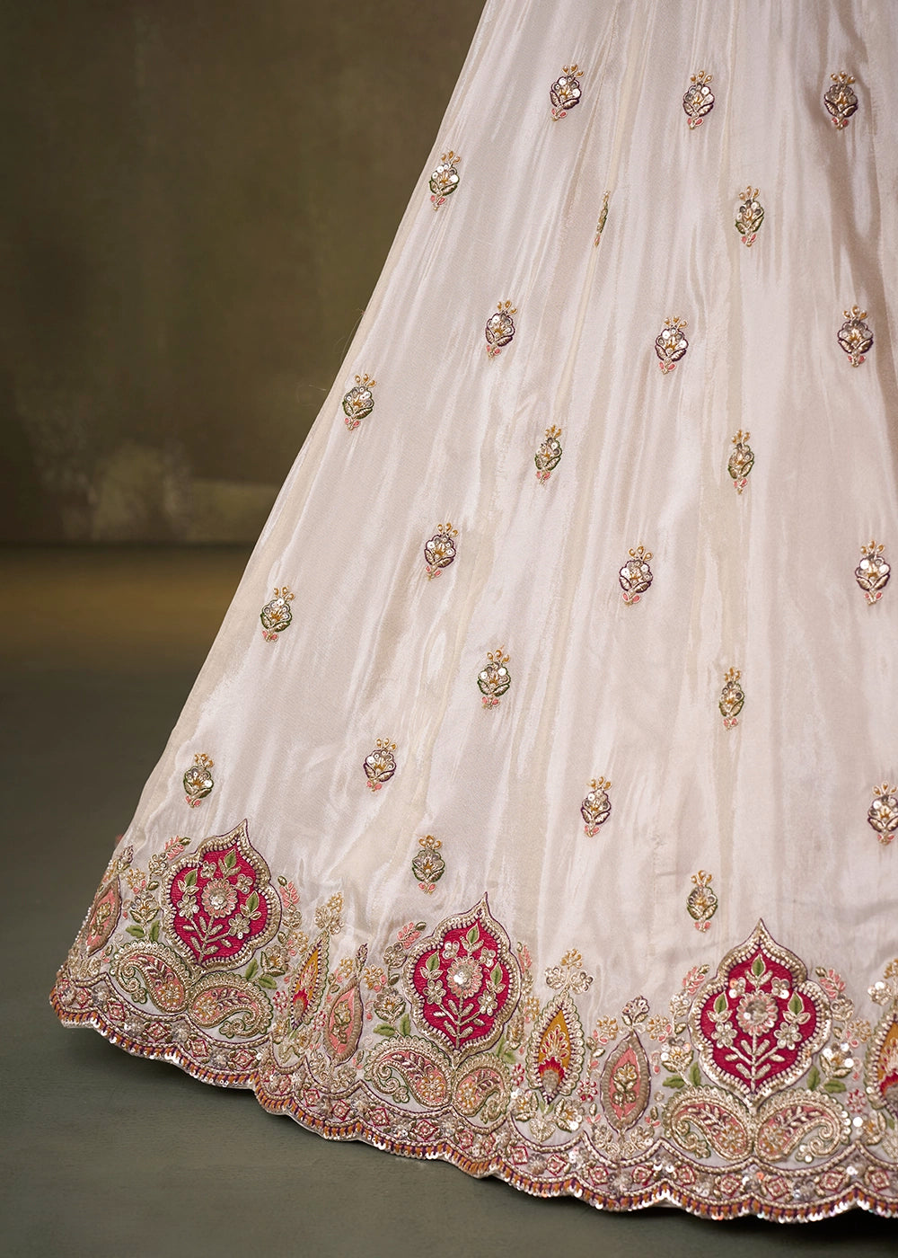 Beige Tissue Embroidered Lehenga Set with Moti, Sequin Work and Pink Dupatta