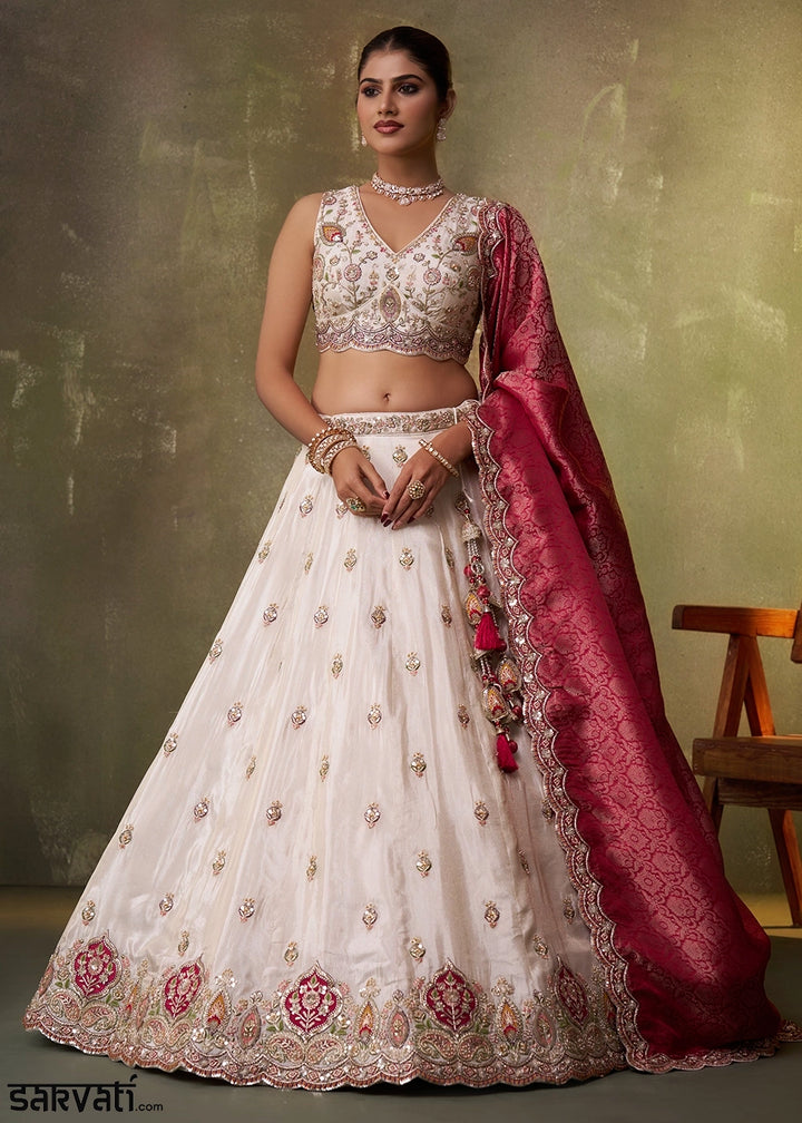 Beige Tissue Embroidered Lehenga Set with Moti, Sequin Work and Pink Dupatta