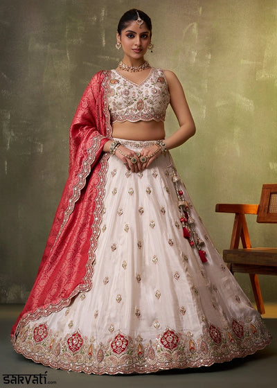 Beige Tissue Embroidered Lehenga Set with Moti, Sequin Work and Red Dupatta