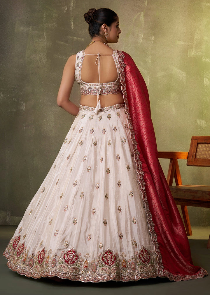 Beige Tissue Embroidered Lehenga Set with Moti, Sequin Work and Red Dupatta
