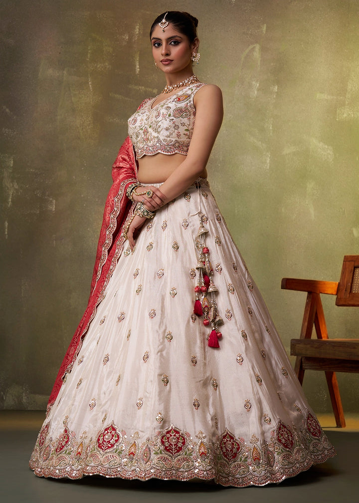 Beige Tissue Embroidered Lehenga Set with Moti, Sequin Work and Red Dupatta