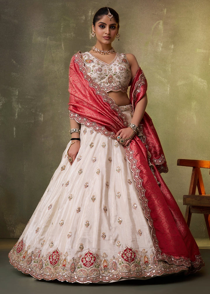 Beige Tissue Embroidered Lehenga Set with Moti, Sequin Work and Red Dupatta