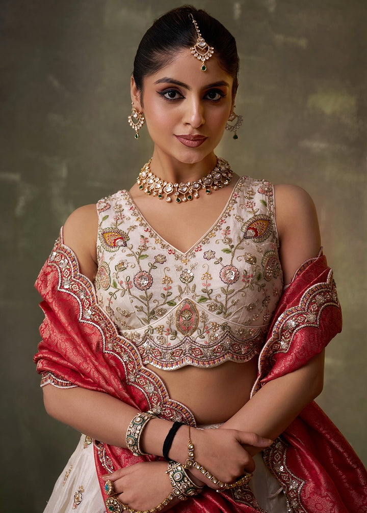 Beige Tissue Embroidered Lehenga Set with Moti, Sequin Work and Red Dupatta